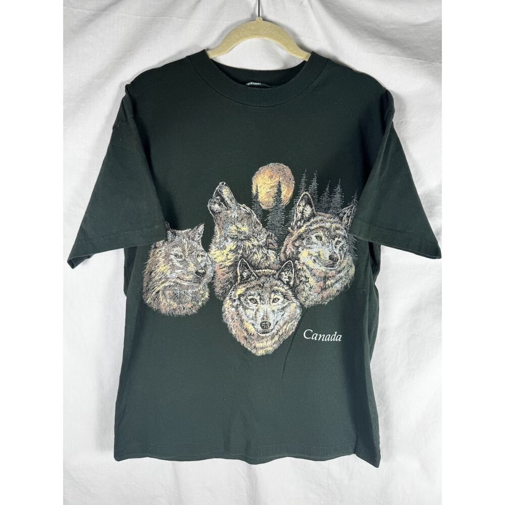 Vintage Canada Wolf Wolves Pack Wild Life Green Animal Tee Shirt 90s Y2K